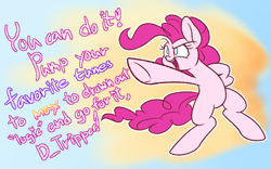 Size: 1280x800 | Tagged: safe, artist:heir-of-rick, pinkie pie, earth pony, pony, abstract background, adorable face, bipedal, caption, cute, diapinkes, female, gradient background, mare, motivational, open mouth, pinkie being pinkie, pointing, ponk, raised eyebrow, smiling, smirk, solo, speech, text, underhoof