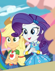 Size: 394x508 | Tagged: safe, screencap, applejack, rarity, better together, equestria girls, rollercoaster of friendship, belt, clothes, cowboy hat, cropped, denim skirt, female, freckles, geode of shielding, geode of super strength, hat, skirt, smiling, stetson