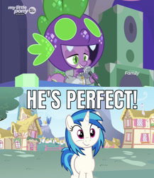 Size: 642x739 | Tagged: safe, edit, edited screencap, editor:undeadponysoldier, screencap, dj pon-3, spike, vinyl scratch, dragon, pony, unicorn, she's all yak, caption, crush, cute, discovery family logo, dj scales and tail, female, happy, image macro, male, mare, meme, microphone, perfect, ponyville, shipping, smiling, straight, text, vinylbetes, vinylspike