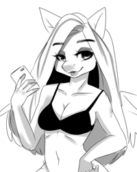 Size: 2000x2500 | Tagged: safe, artist:klaudy, fluttershy, anthro, bra, cellphone, clothes, cute, long hair, phone, picture, sketch, smartphone, underwear, wings