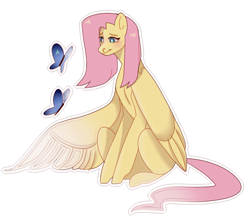 Size: 1351x1177 | Tagged: safe, artist:borschhhhhhh, fluttershy, butterfly, pegasus, pony, female, looking at something, mare, one wing out, outline, simple background, sitting, solo, three quarter view, white background, white outline, wings