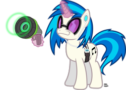 Size: 1841x1321 | Tagged: safe, artist:anime-equestria, dj pon-3, vinyl scratch, pony, unicorn, belt, crossover, earbuds, female, headphones, horn, lucio, magic, mp3 player, overwatch, smiling, smug, solo, sunglasses, weapon