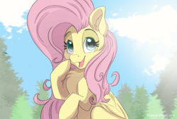 Size: 2039x1378 | Tagged: safe, artist:meowmavi, fluttershy, pegasus, pony, chest fluff, cute, ear fluff, female, mare, open mouth, shyabetes, tree