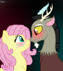 Size: 600x682 | Tagged: safe, artist:delfinaluther, discord, fluttershy, draconequus, pegasus, pony, blushing, boop, discoshy, female, gradient background, looking at each other, male, noseboop, shipping, signature, straight