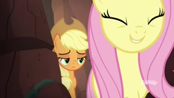 Size: 1920x1080 | Tagged: safe, screencap, applejack, fluttershy, earth pony, pegasus, pony, sounds of silence, duo, eyes closed, female, mare