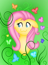 Size: 768x1024 | Tagged: safe, artist:delfinaluther, fluttershy, butterfly, pegasus, pony, :3, colored pupils, female, floppy ears, mare, solo