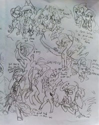 Size: 1481x1866 | Tagged: safe, artist:pandan009, applejack, fluttershy, rarity, oc, oc:screwpine, equestria girls, cute, female, lesbian, neigh, photo, ponysona, rarijack, shipping, sketch, sketch dump, traditional art