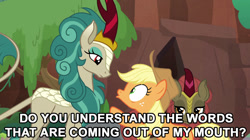 Size: 1024x575 | Tagged: safe, edit, edited screencap, screencap, applejack, maple brown, rain shine, earth pony, kirin, pony, sounds of silence, spoiler:s08, background kirin, female, image macro, mare, meme, rush hour