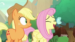 Size: 1920x1080 | Tagged: safe, screencap, applejack, fluttershy, butterfly, earth pony, pegasus, pony, sounds of silence, eyes closed