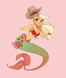 Size: 1280x1492 | Tagged: safe, artist:skirtzzz, applejack, mermaid, beautiful, cowboy hat, fins, hat, mermaidized, nail polish, simple background, smiling, solo, species swap, stetson, tail