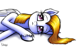 Size: 1136x700 | Tagged: safe, artist:skorpionletun, surprise, pegasus, pony, sad, simple background, solo, surprisamena, unshorn fetlocks, white background