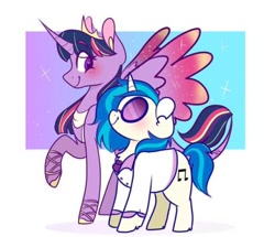 Size: 500x429 | Tagged: safe, artist:bubaiuv, dj pon-3, twilight sparkle, twilight sparkle (alicorn), vinyl scratch, alicorn, pony, unicorn, blushing, clothes, colored wings, colored wingtips, curved horn, female, happy, horn, leonine tail, lesbian, shipping, smiling, suit, vinylight