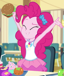 Size: 739x883 | Tagged: safe, screencap, pinkie pie, better together, equestria girls, schedule swap, armpits, arms in the air, burger, caramel apple (food), cheeseburger, chips, clothes, cupcake, cute, diapinkes, eyes closed, female, food, frosting, geode of sugar bombs, hamburger, junk food, magical geodes, potato chips, skirt, smiling, that human sure does love burgers