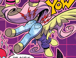 Size: 800x610 | Tagged: safe, artist:andypriceart, idw, fluttershy, pegasus, pony, comic:everything old, spoiler:comic, spoiler:comic64, acid, burned, butt, canonical great butt, clothes, comic, context is for the weak, cropped, fashion, female, flutterbutt, front knot midriff, hot pants, jeans, knot shirt, literal butthurt, mare, midriff, ouch, out of context, pain, pants, plot, skinny jeans, solo, spread wings, tight clothing, wings