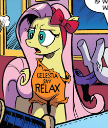 Size: 545x645 | Tagged: safe, artist:andypriceart, idw, fluttershy, rarity, pegasus, pony, unicorn, spoiler:comic, spoiler:comic64, bow, cropped, dialogue, door, hair bow, legs in air, tail, text