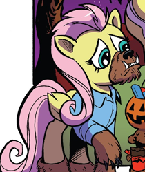 Size: 500x595 | Tagged: safe, idw, fluttershy, pegasus, pony, werewolf, spoiler:comic, clothes, costume, halloween, holiday, jack-o-lantern, pumpkin, pumpkin bucket, solo