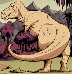 Size: 1060x1080 | Tagged: safe, idw, fluttershy, dinosaur, tyrannosaurus rex, spoiler:comic, spoiler:comic17, dinosaurified, fluttersaurus rex, reflection, species swap