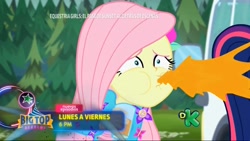 Size: 1920x1080 | Tagged: safe, edit, edited screencap, screencap, fluttershy, better together, equestria girls, sunset's backstage pass!, clothes, discovery kids, juice, spanish, spit take, spitting