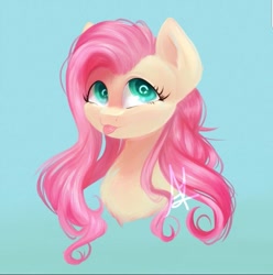 Size: 1071x1080 | Tagged: safe, artist:thewickedvix, fluttershy, pegasus, pony, :p, blue background, bust, colored pupils, cute, female, portrait, shyabetes, simple background, solo, tongue out