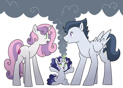 Size: 2522x1805 | Tagged: safe, artist:theroyalartofna, rumble, sweetie belle, oc, oc:stormy, pegasus, pony, unicorn, family, female, filly, male, mare, offspring, older, parent:rumble, parent:sweetie belle, parents:rumbelle, rumbelle, shipping, simple background, smoke, stallion, straight, trio, white background