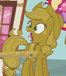 Size: 344x394 | Tagged: safe, screencap, applejack, earth pony, pony, apple family reunion, cart, coughing, covered, cropped, female, luster dust, mare, solo, surprised, wide eyes