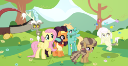 Size: 7624x3920 | Tagged: safe, artist:velveagicsentryyt, discord, fluttershy, saffron masala, zephyr breeze, oc, oc:destiny, butterfly, hybrid, pegasus, pony, unicorn, discoshy, female, filly, interspecies offspring, male, offspring, parent:discord, parent:fluttershy, parent:saffron masala, parent:zephyr breeze, parents:discoshy, parents:saffron breeze, saffron breeze, shipping, straight