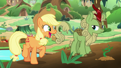 Size: 1280x720 | Tagged: safe, screencap, applejack, forest fall, earth pony, kirin, pony, sounds of silence, background kirin, cute, female, happy, jackabetes, male, mare, smiling