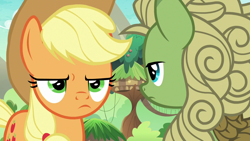 Size: 1280x720 | Tagged: safe, screencap, applejack, forest fall, earth pony, kirin, pony, sounds of silence, annoyed, applejack is not amused, background kirin, female, lidded eyes, male, mare, unamused