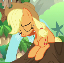 Size: 416x411 | Tagged: safe, screencap, applejack, earth pony, pony, sounds of silence, cropped, eyes closed, female, freckles, mare, sitting, solo, tree stump