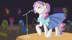 Size: 3000x1687 | Tagged: safe, artist:inersdraco, fluttershy, pinkie pie, sweetie belle, earth pony, pegasus, pony, unicorn, zebra, fallout equestria, advertisement, clothes, dress, fanfic, fanfic art, female, flying, forever, hooves, horn, looking at you, mare, microphone, ministry mares, ministry of morale, older, older sweetie belle, open mouth, performance, pinkie pie is watching you, poster, propaganda, raised hoof, singing, sitting, solo focus, sparkle cola, spread wings, stage, standing, text, wings