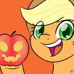 Size: 500x500 | Tagged: safe, artist:yakoshi, applejack, earth pony, pony, apple, carving, cowboy hat, female, food, freckles, halloween, hat, holding, holiday, jack-o-lantern, looking at you, mare, open mouth, orange background, pumpkin, simple background, smiling, solo, underhoof