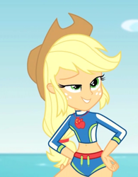 Size: 422x540 | Tagged: safe, screencap, applejack, better together, blue crushed, equestria girls, belly button, clothes, cowboy hat, cropped, female, geode of super strength, hat, solo, swimsuit