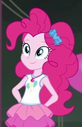 Size: 571x883 | Tagged: safe, screencap, pinkie pie, all the world's off stage, all the world's off stage: pinkie pie, better together, equestria girls, :), cropped, cute, cutie mark, diapinkes, geode of sugar bombs, grin, hairband, hands behind back, jewelry, magical geodes, necklace, rah rah skirt, sleeveless, solo, tanktop