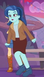 Size: 413x718 | Tagged: safe, screencap, applejack, better together, equestria girls, rollercoaster of friendship, background human, blue beauty, boots, clothes, cowboy boots, cropped, female, jacket, lipstick, running, shoes, skirt