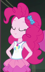 Size: 556x877 | Tagged: safe, screencap, pinkie pie, all the world's off stage, all the world's off stage: pinkie pie, better together, equestria girls, cropped, cute, cutie mark, diapinkes, eyes closed, geode of sugar bombs, grin, hairband, hands behind back, jewelry, magical geodes, necklace, rah rah skirt, satisfied, sleeveless, smug, solo, tanktop