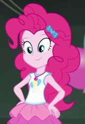 Size: 572x831 | Tagged: safe, screencap, pinkie pie, all the world's off stage, all the world's off stage: pinkie pie, better together, equestria girls, :), cropped, cute, diapinkes, geode of sugar bombs, grin, hairband, hand on hip, happy, jewelry, magical geodes, necklace, rah rah skirt, sleeveless, smiling, solo, tanktop