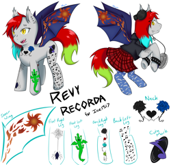 Size: 5180x5000 | Tagged: safe, artist:vnagato, oc, oc only, oc:revy recorda, bat pony, absurd resolution, clothes, cute, digital, digital art, fangs, female, headphones, jacket, leather jacket, mare, plaid, reference sheet, request, simple background, skirt, skirt lift, solo, tattoo, white background