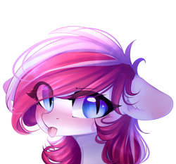 Size: 1986x1851 | Tagged: safe, artist:whiteliar, oc, oc only, pony, blue eyes, looking at you, red mane, simple background, solo, tongue out, white background, white coat