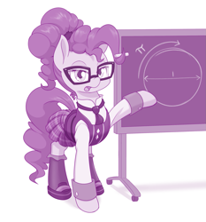 Size: 1119x1200 | Tagged: safe, artist:dstears, pinkie pie, earth pony, pony, adorkable, clothes, crystal prep academy uniform, cute, dork, female, glasses, mare, monochrome, pi, pi day, pleated skirt, ponytail, pun, school uniform, shoes, skirt, socks, solo, teacher, visual pun