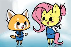 Size: 2200x1451 | Tagged: safe, artist:thecoldsbarn, angel bunny, fluttershy, anthro, aggretsuko, alternate hairstyle, blushing, chibi, clothes, crossover, cute, duo, hair bun, retsuko, sanrio, shyabetes