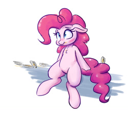 Size: 1280x1152 | Tagged: safe, artist:heir-of-rick, pinkie pie, earth pony, pony, blushing, chest fluff, cute, diapinkes, female, floppy ears, food, mare, pi day, pie, pie tin, simple background, sitting, smiling, solo, white background