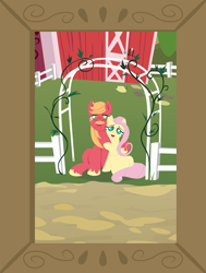 Size: 2800x3700 | Tagged: safe, anonymous artist, big macintosh, fluttershy, earth pony, pegasus, pony, series:fm holidays, alternate hairstyle, barn, belly button, facial hair, father's day, female, fluttermac, freckles, hoof around neck, lineless, male, missing accessory, moustache, no pupils, older, picture frame, pregnant, shipping, straight, sweet apple acres