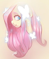 Size: 312x375 | Tagged: safe, artist:rosytwist, fluttershy, butterfly, pegasus, pony, bust, colored pupils, cute, female, looking at you, looking sideways, mare, pink background, portrait, profile, shyabetes, simple background, smiling, solo