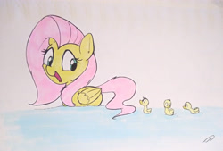 Size: 4008x2716 | Tagged: safe, artist:taurson, fluttershy, pegasus, pony, behaving like a duck, duckling, female, flutterduck, fluttermom, folded wings, looking at someone, looking back, mare, open mouth, pegaduck, smiling, swimming, traditional art, water, wings