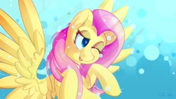 Size: 1280x720 | Tagged: safe, artist:michinix, fluttershy, pegasus, pony, bubble, bust, female, looking away, looking sideways, mare, one eye closed, open mouth, smiling, solo, spread wings, three quarter view, underwater, water, wings