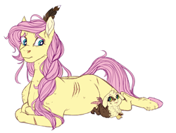 Size: 1725x1296 | Tagged: safe, artist:loladotz, fluttershy, oc, oc:wisteria, draconequus, hybrid, pegasus, pony, braid, child, draconequus oc, duo, feather in hair, female, fluttermom, interspecies offspring, looking at each other, mare, mother and child, mother and daughter, next generation, offspring, parent and child, parent:discord, parent:fluttershy, parents:discoshy, prone, scar, simple background, white background