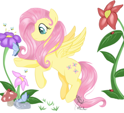 Size: 1100x1000 | Tagged: safe, artist:emptyfaze, fluttershy, bee, butterfly, ladybug, pegasus, pony, female, flower, looking at something, mare, mushroom, nature, outdoors, reaching, reaching out, simple background, smiling, solo, spread wings, stray strand, white background, wings