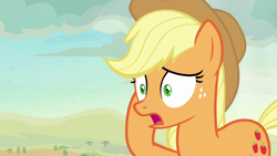 Size: 1280x720 | Tagged: safe, screencap, applejack, earth pony, pony, sounds of silence, female, freckles, mare, open mouth, shrunken pupils, solo