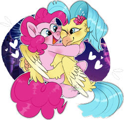 Size: 1035x1005 | Tagged: safe, artist:incubugs, pinkie pie, princess skystar, earth pony, hippogriff, pony, my little pony: the movie, beak, blushing, cute, digital art, female, freckles, friendship, happy, heart eyes, hug, looking at each other, mare, open mouth, simple background, smiling, transparent background, wingding eyes, wings