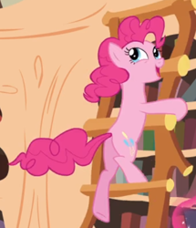 Size: 446x519 | Tagged: safe, screencap, pinkie pie, earth pony, pony, maud pie (episode), balloonbutt, bipedal, butt, cropped, cute, diapinkes, female, golden oaks library, ladder, mare, open mouth, plot, smiling, solo